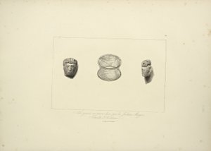 Gegraveerd hoofd van hard steen van de Muycas-indianen, obsidiaan armband, illustratie uit Vues des Cordillères et Monumens des Peuples Indigènes de l
